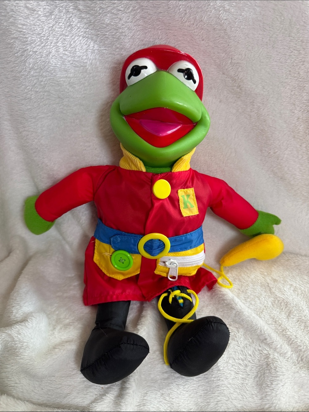 Vintage 1990 Kermit the Frog Learn to Dress Plush Doll Mattel Firefighter